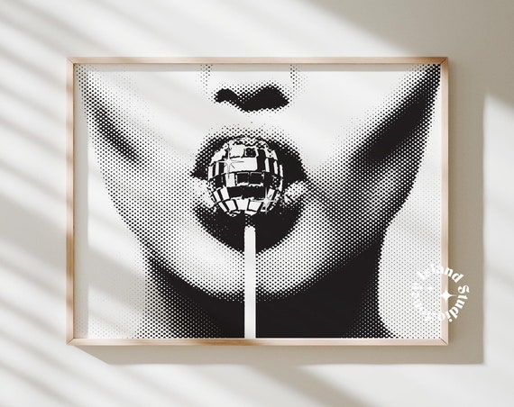 Disco Ball Print Trendy Wall Art Retro Lollipop Black White Funky Bar Cart Decor Preppy Poster Dorm Unframed