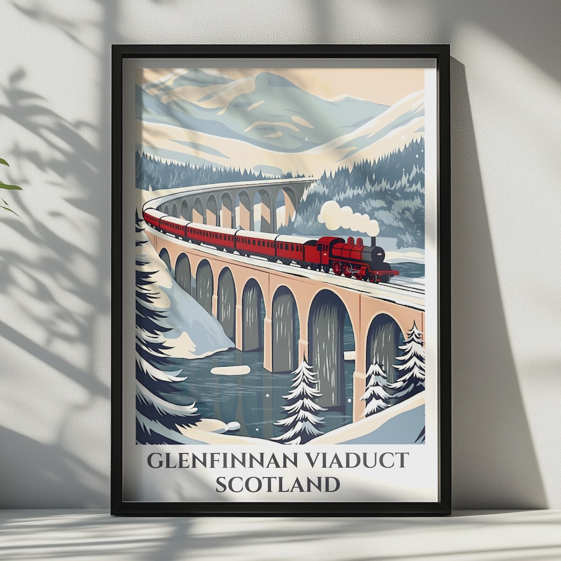 Glenfinnan Viaduct Scotland Red Steam Train Winter Vintage Travel Poster