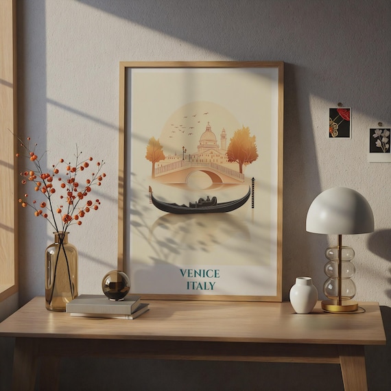 Venice Italy Gondola Canal Bridge Warm Minimal Travel Poster