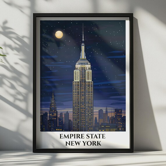 Empire State Building Print New York Night Skyline Art Nyc Travel Poster Deco Wall