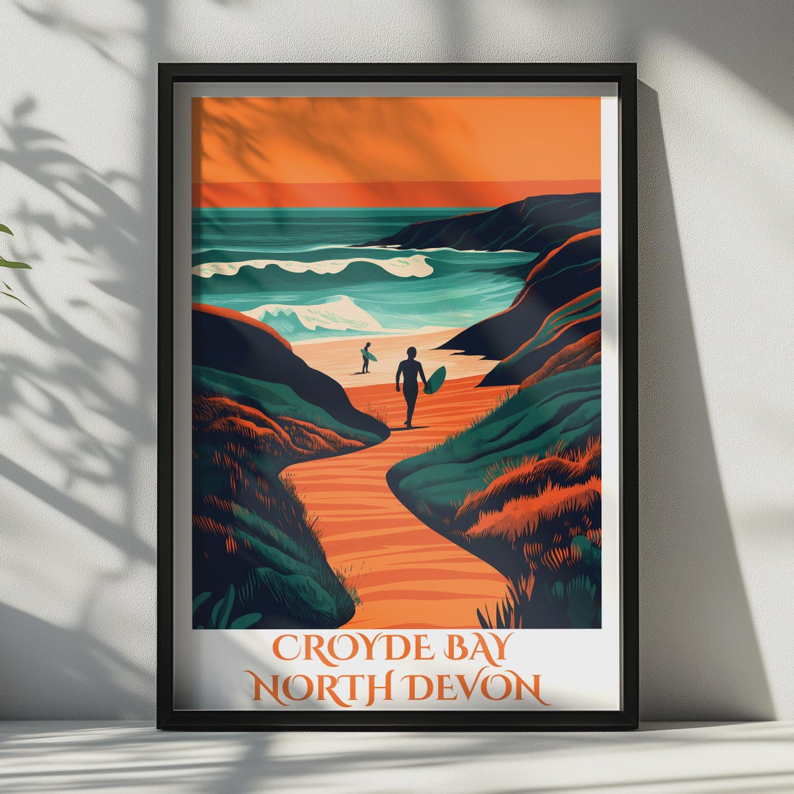 Croyde Bay North Devon Surfers Sunset Retro Beach Travel Poster