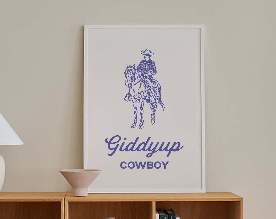 Vintage Giddyup Cowboy Purple Line Art Western Horse Rider Poster - Image 3