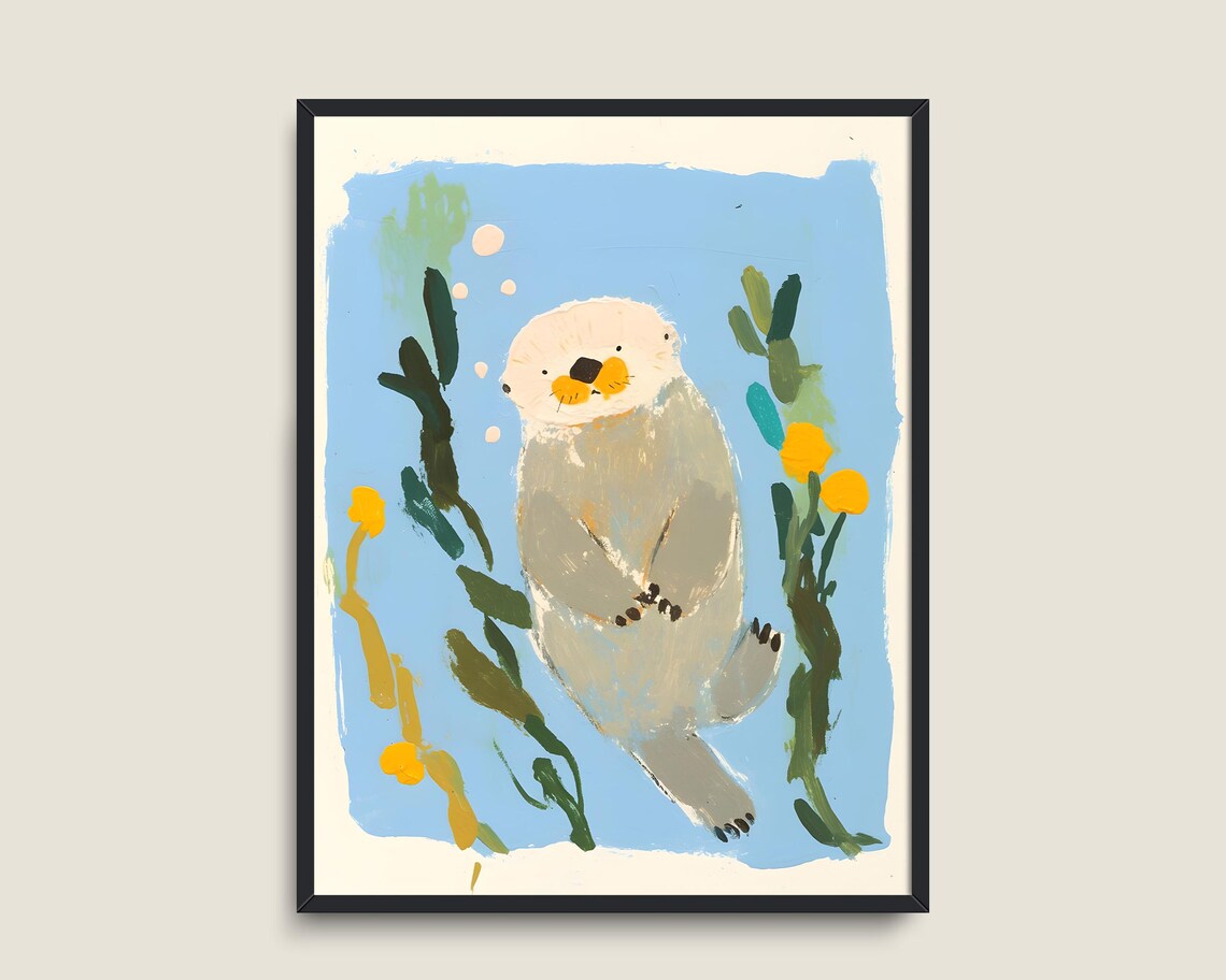 Cute Sea Otter Floating Kelp Kids Illustration Nursery Wall Art Poster - Image 3