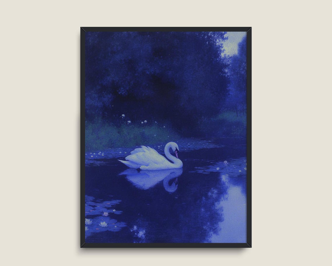 White Swan Moonlit Blue Lake Night Reflection Romantic Wall Art Poster - Image 3