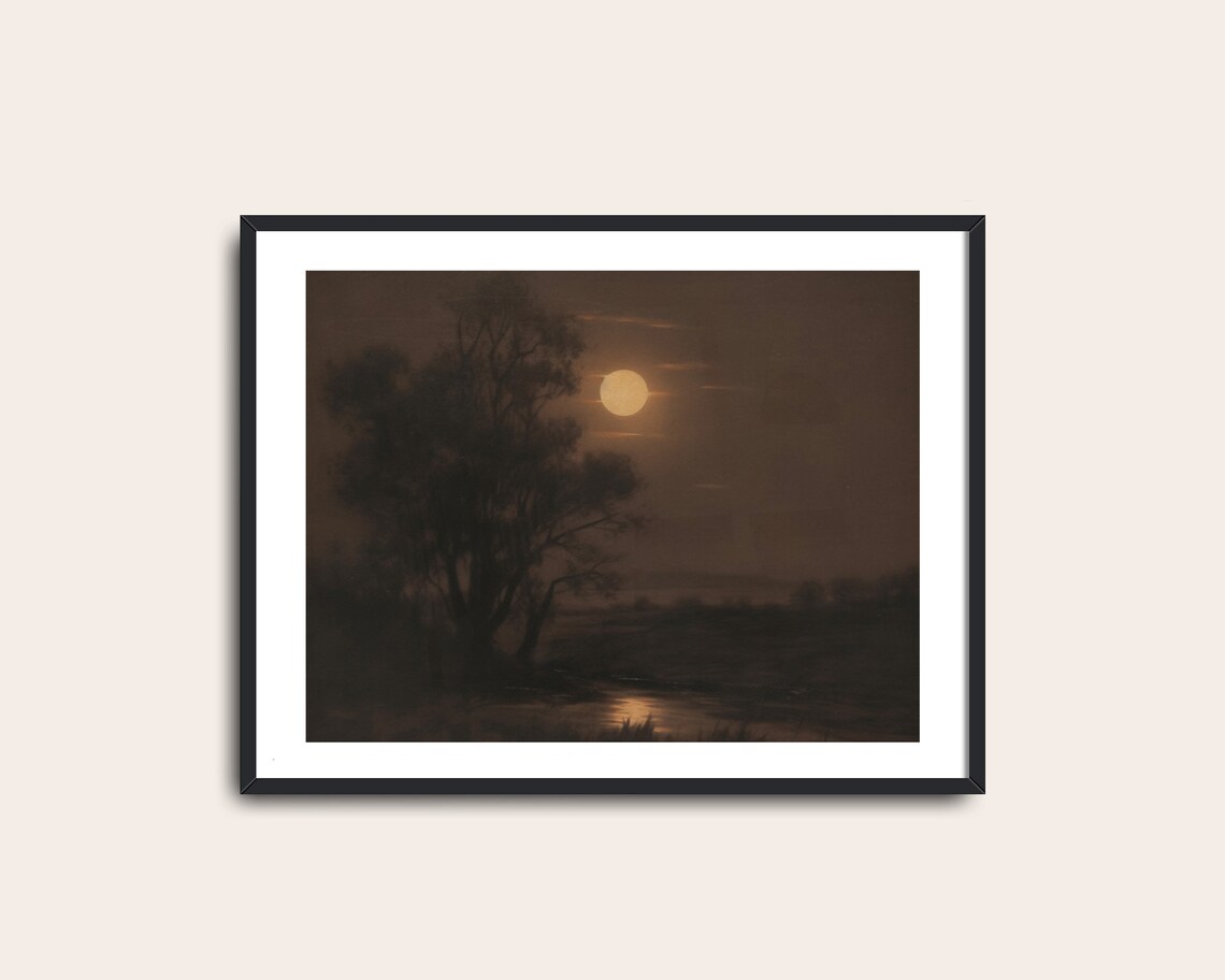 Full Moon Landscape Vintage Art Print, Dark Academia