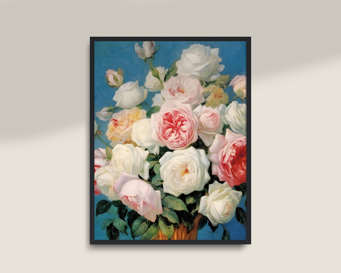 White Pink Roses Bouquet Still Life Botanical Floral Wall Art Poster - Image 3