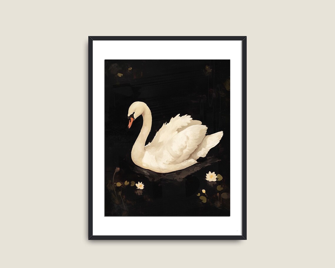 White Swan Dark Water Lilies Moody Vintage Wildlife Wall Art Poster - Image 2