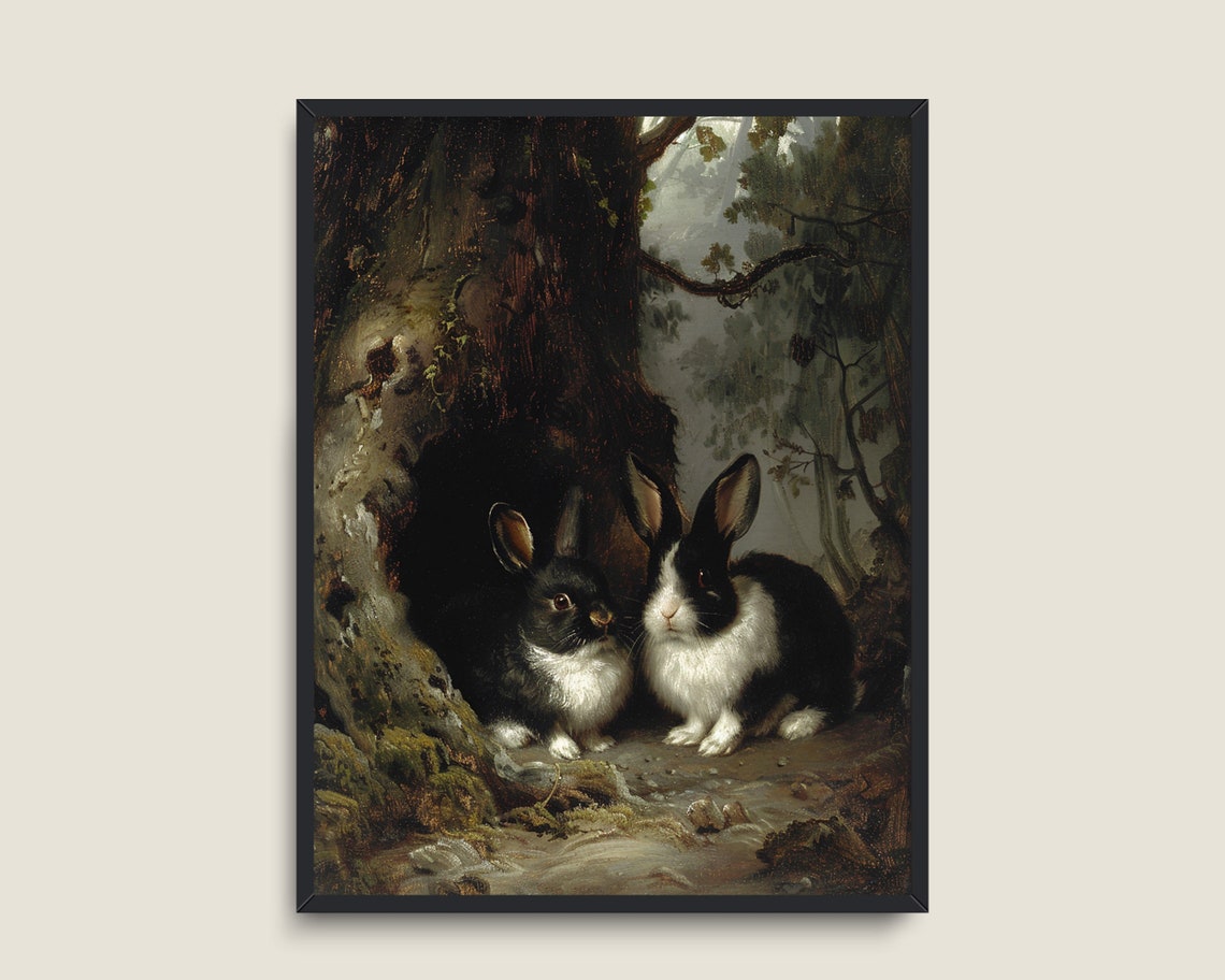 Two Rabbits Resting In Hollow Tree Trunk Dark Forest Vintage Print - Image 3