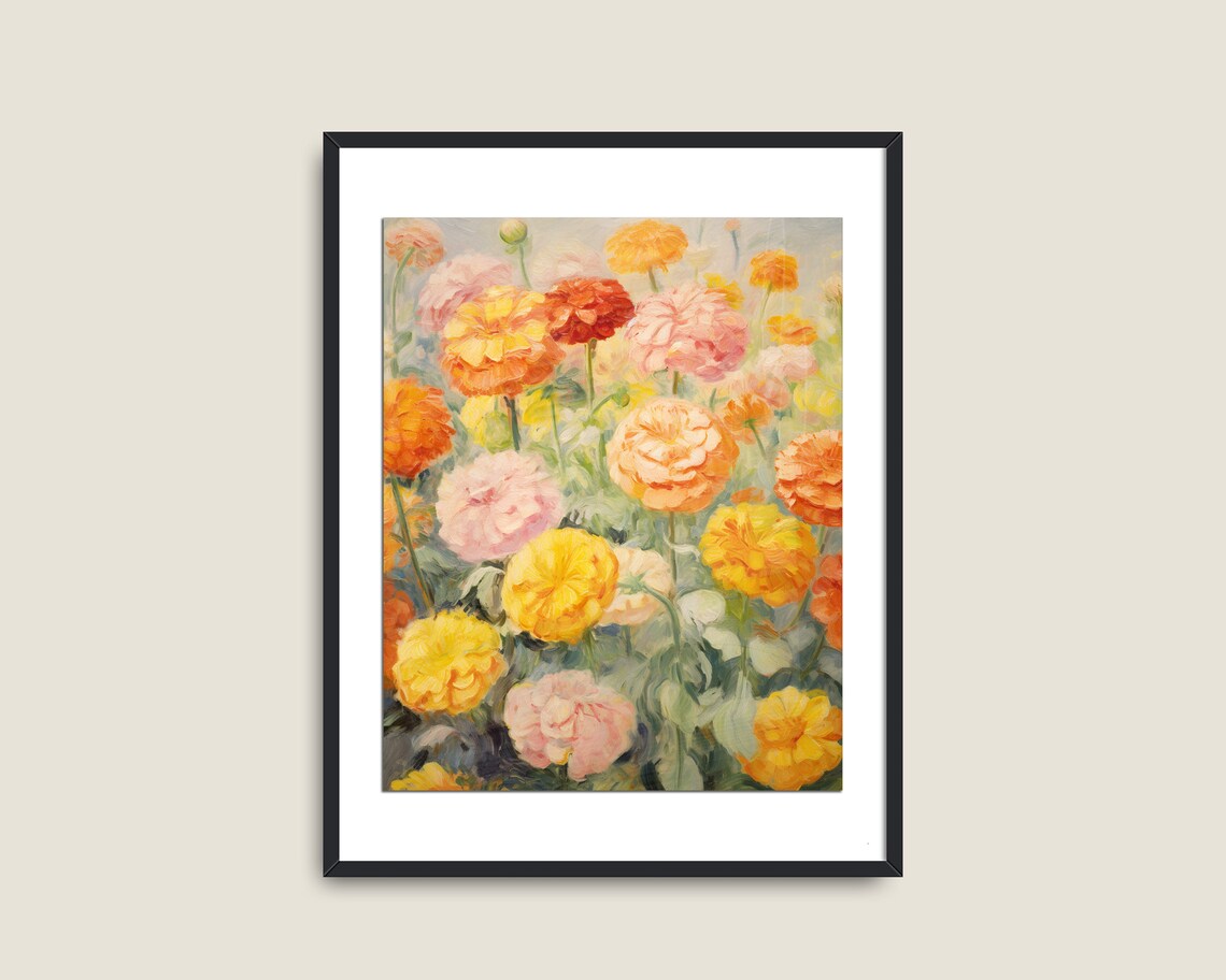 Marigold Flower Field Impressionist Vintage Floral Garden Wall Art - Image 2