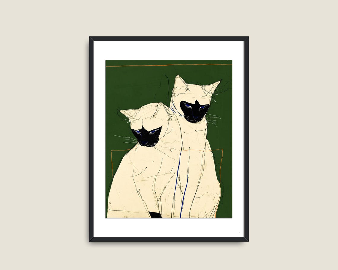 Two Siamese Cats Modern Line Art Green Background Painting Poster - Image 2