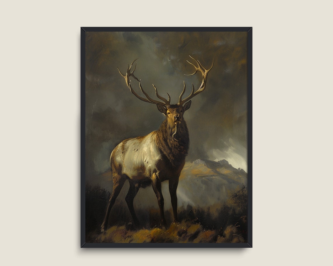 Stag Huge Antlers Dramatic Mountain Vintage Wildlife Painting Print - Image 3