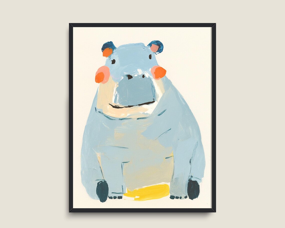 Adorable Blue Hippo Nursery Painting Pastel Kids Animal Poster - Image 3