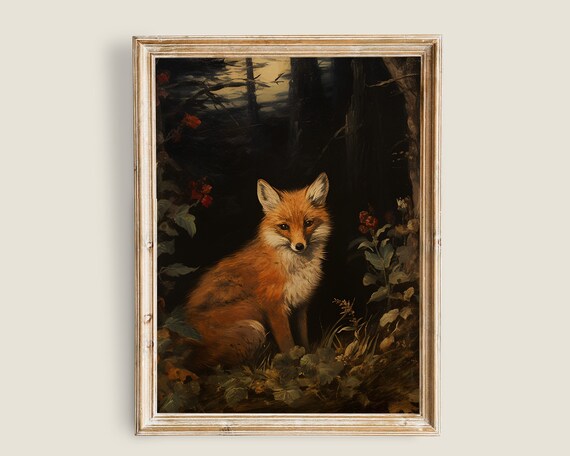 Fox Painting Vintage Art Art Vintage Animal Art Moody Dark Academia Decor Dark Forest Wall Art Cottagecore Fox