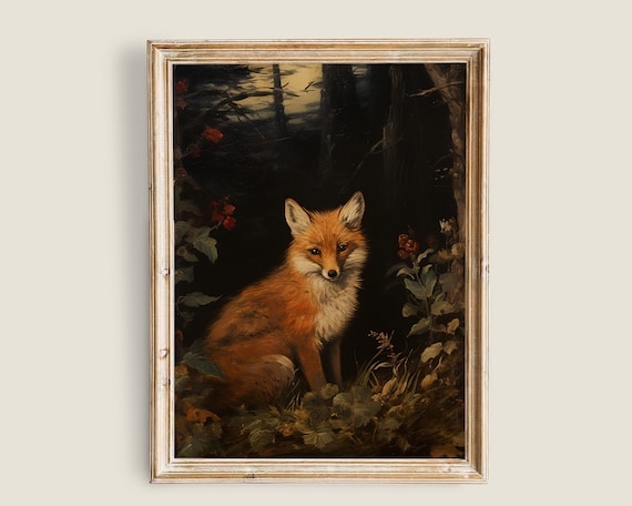 Red Fox in Dark Forest Vintage Style Moody Woodland Animal Wall Print