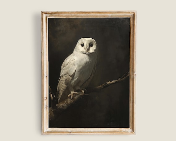 Vintage White Owl Painting Dark And Moody Print Dark Academia Decor Art Nature Animal Painting Snowy White Owl Bird Prints