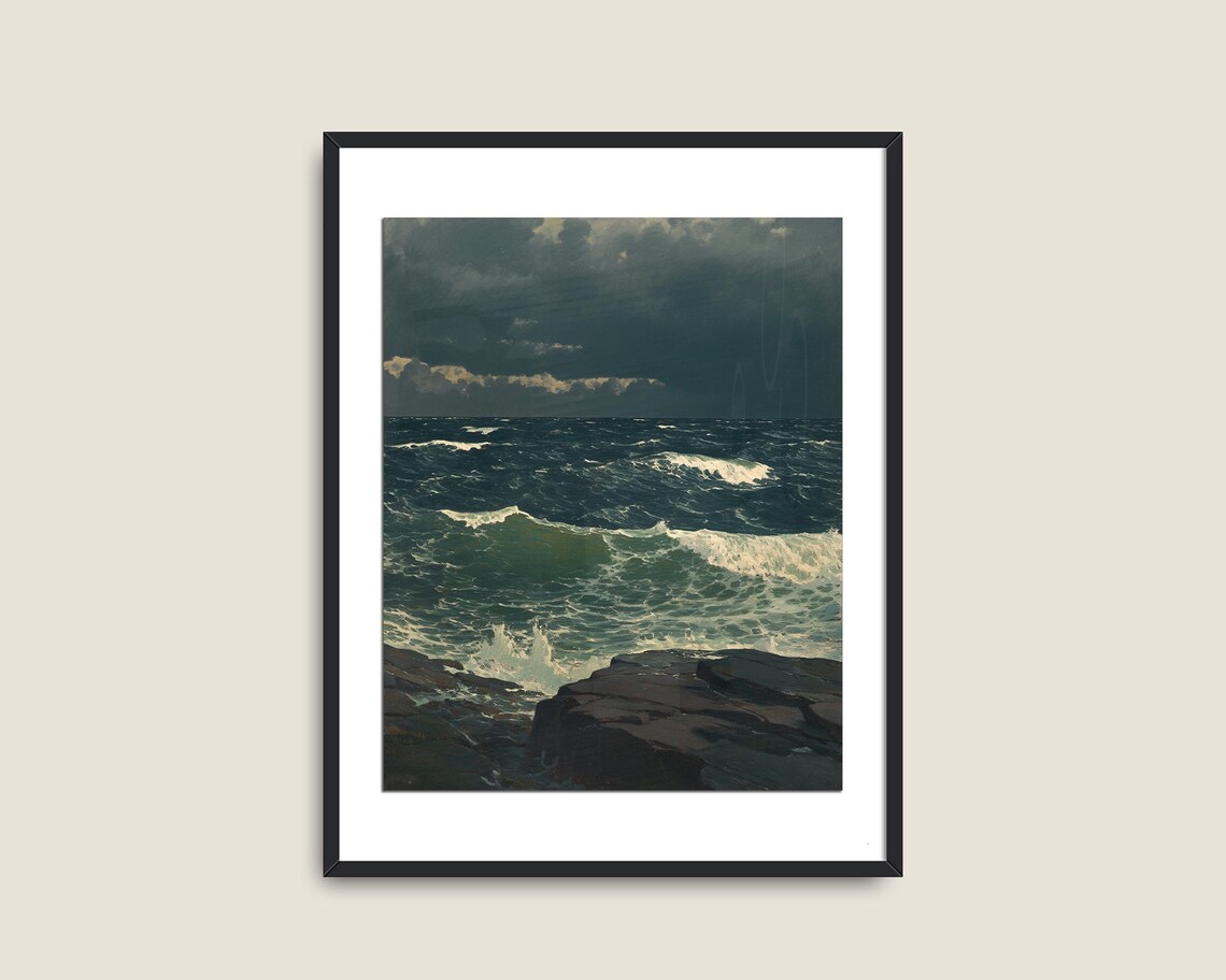 Dark Moody Seascape Storm Waves Rocky Coast Vintage Ocean Wall Art - Image 2
