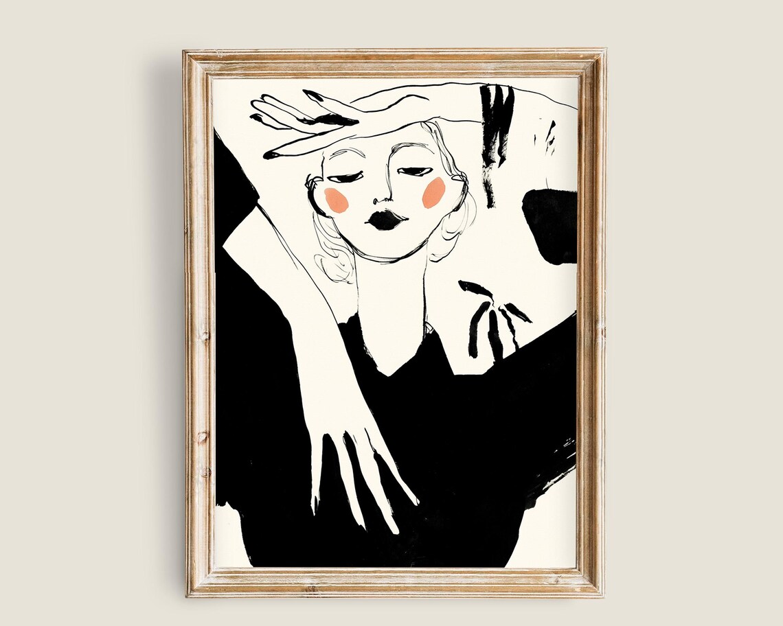 Fashion Woman Minimalist Ink Illustration Bold Black Feminine Art Wall Art