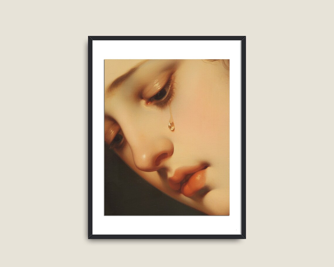 Woman With Pearl Tear Close Up Romantic Vintage Portrait Wall Art - Image 2