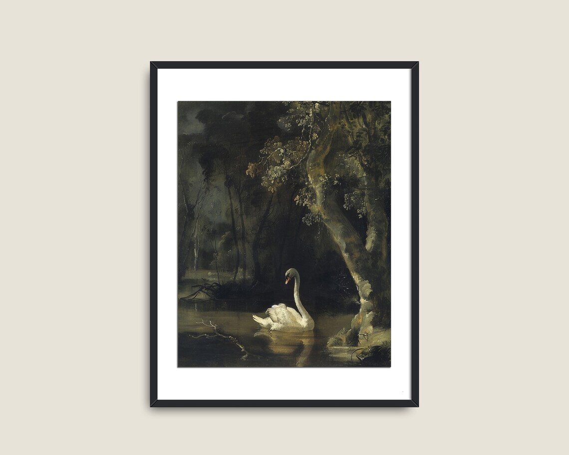 White Swan Dark Woodland Pond Night Moody Romantic Wildlife Print - Image 2