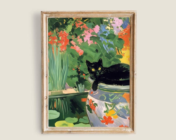 Black Cat Matisse Wall Art Cat Print Art Animals Cat Prints Nature Flowers Painting Impressionist Decor