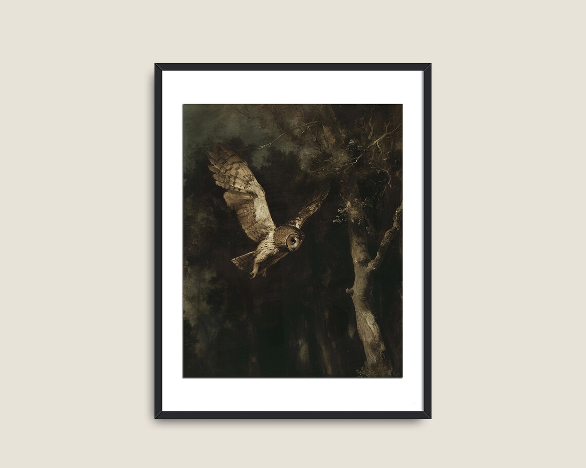 Owl Flying Through Dark Night Forest Moody Wildlife Painting Poster - Image 2