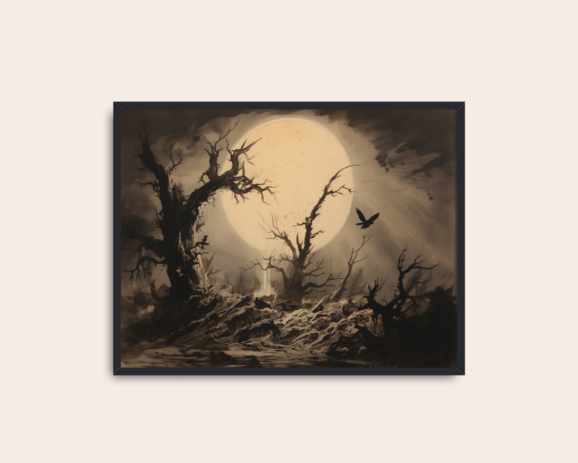 Full Moon Behind Bare Trees Spooky Vintage Halloween Landscape Poster - Image 3