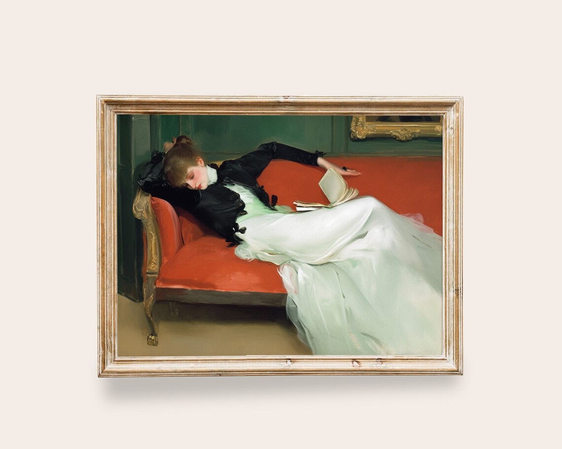 Victorian Woman Reading Book Red Chaise Antique Portrait Poster