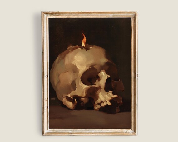 Human Skull With Burning Candle Flame Dark Gothic Still Life Poster
