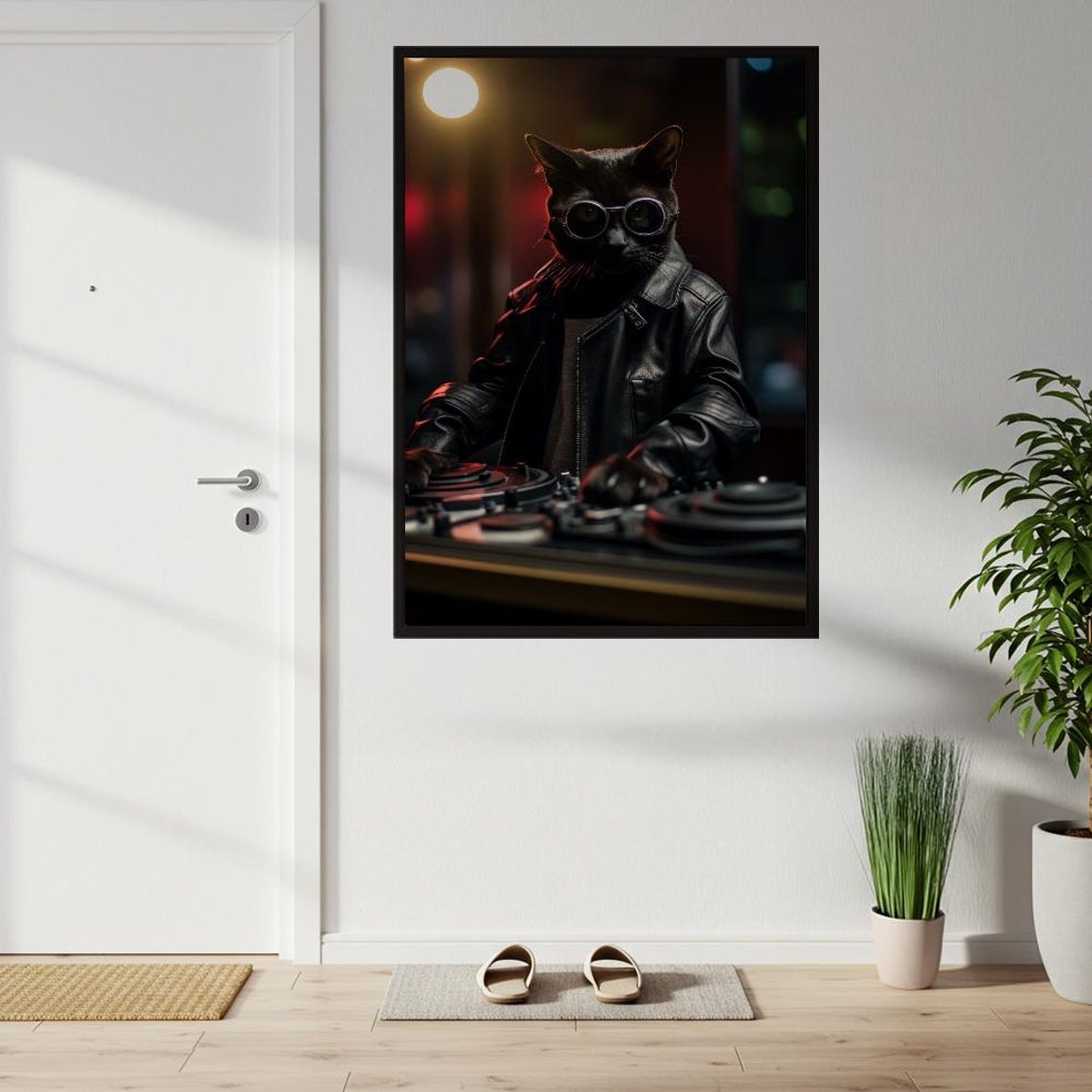 Cool Black Cat DJ In Leather Jacket Sunglasses Nightclub Photo Poster