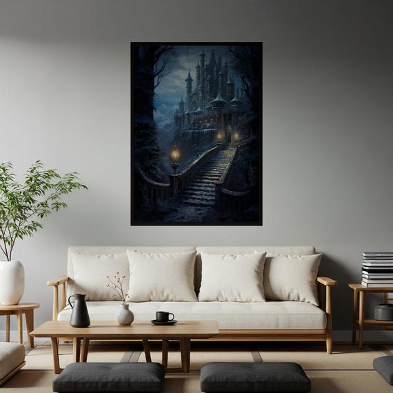 Winter Fantasy Castle Art Print Majestic Snowcovered Fortress Poster Enchanted Landscape Wall Decor Gothic Home Accent Gamer Gift