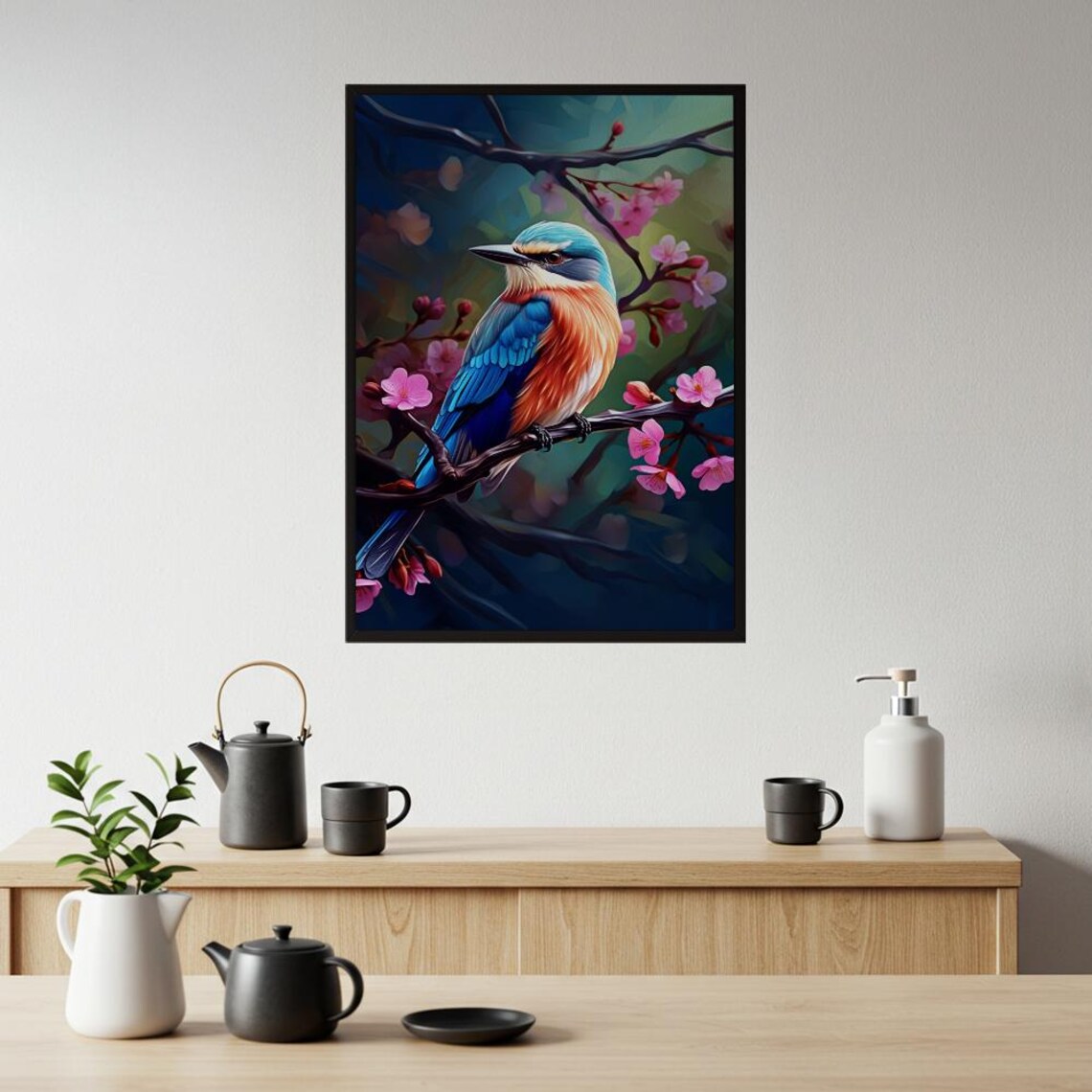 Colorful Blue Bird On Cherry Blossom Branch Vibrant Wildlife Art Print