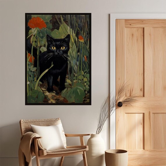 Elegant Black Cat Oil Painting In Blooming Flower Garden Mystic Poster