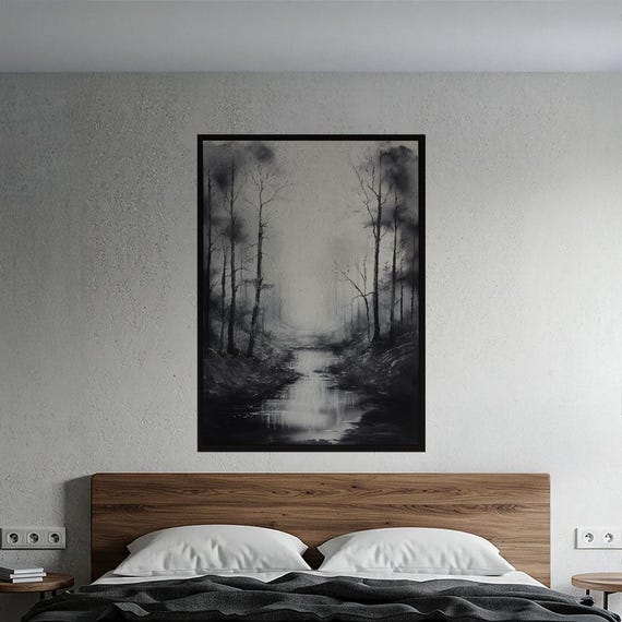 Misty Forest Monochrome Wall Art Bare Trees Reflective Stream Poster Tranquil Nature Giclee Print Minimalist Home Decor