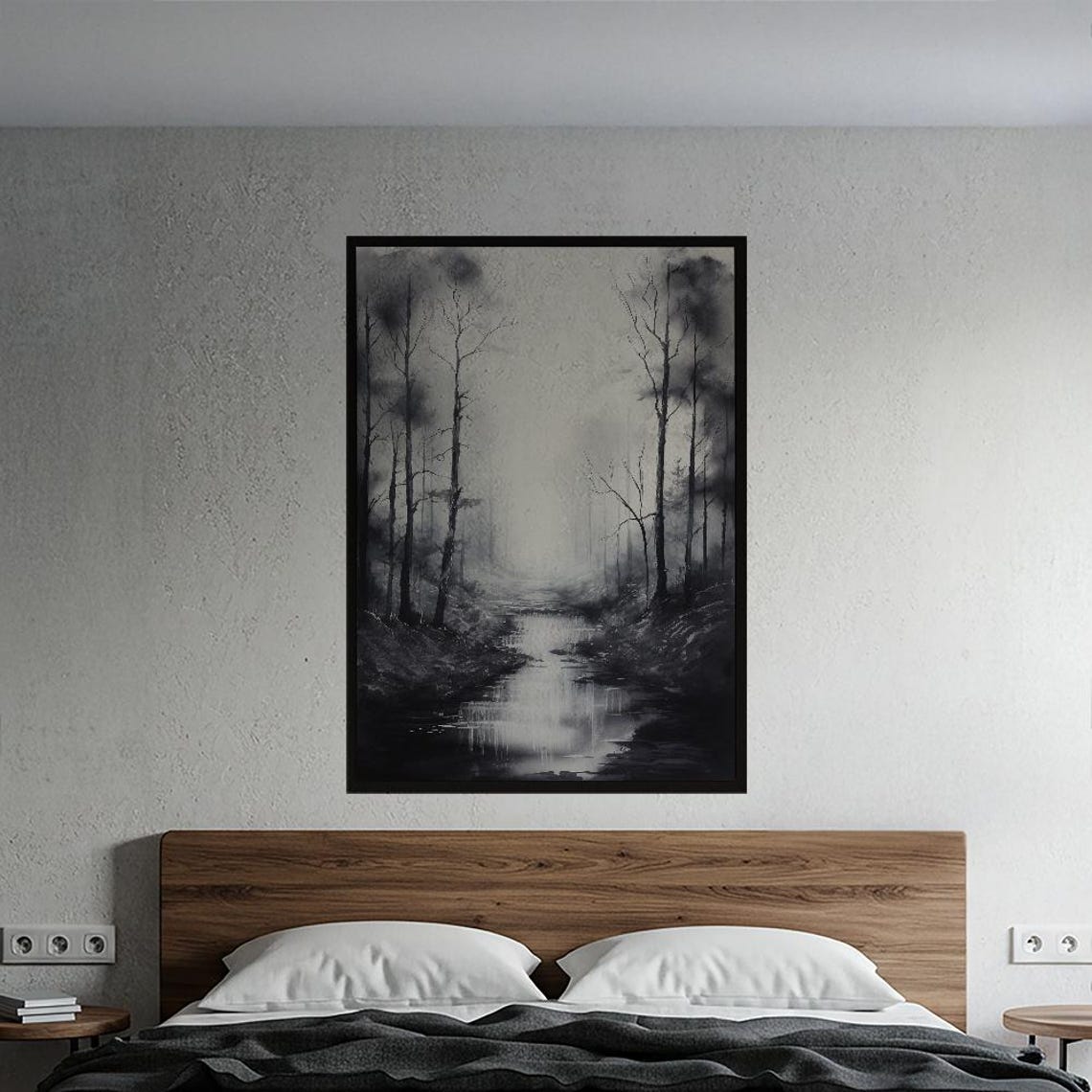 Tranquil Misty Monochrome Forest Bare Trees Reflective Stream Poster