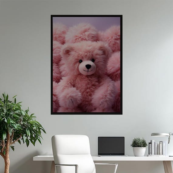 Fluffy Pink Teddy Bear Poster Soft Lavender Nursery Wall Art Cute Baby Room Decor Print Kawaii Kids Bedroom