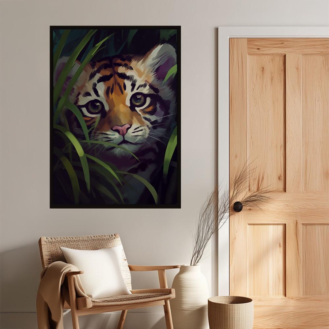 Tiger Cub Peeking Through Jungle Leaves Wildlife Painting Poster