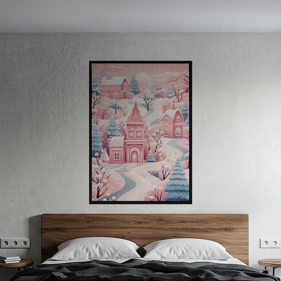 Pink Winter Village Snowy Cottages Pastel Christmas Wall Art