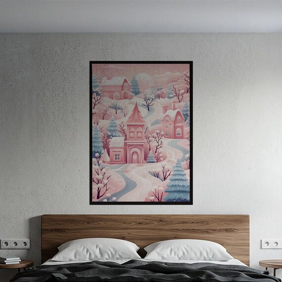 Winter Wonderland Wall Art Snowy Village Poster Pastel Pink Holiday Decor Cozy Christmas Print Nursery Kids Room