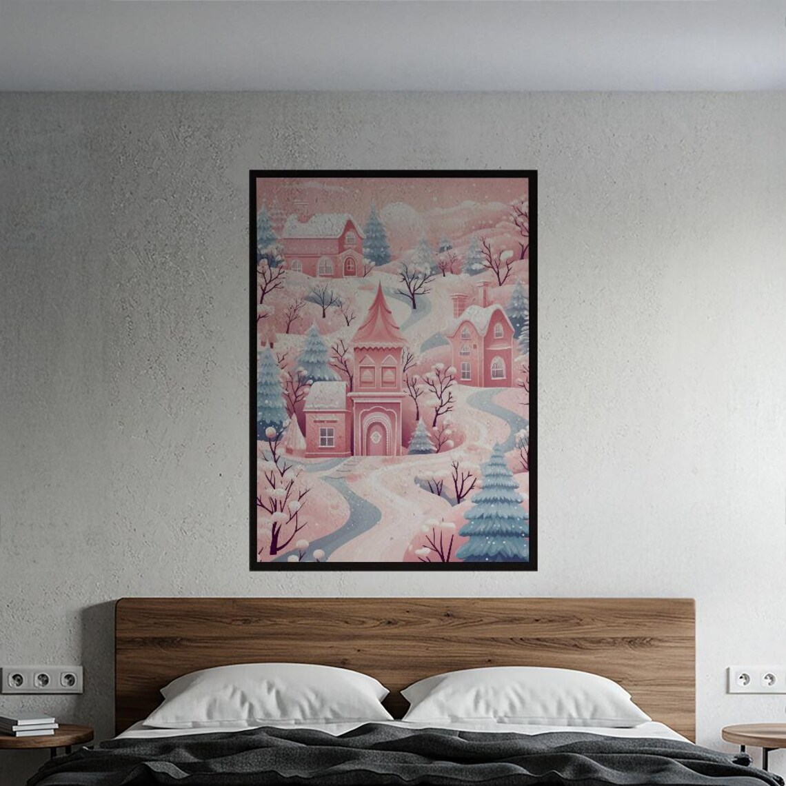 Pink Winter Village Snowy Cottages Pastel Christmas Wall Art