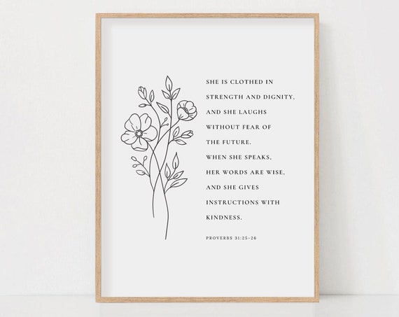 Proverbs 31:25 Floral Scripture Wall Art Print