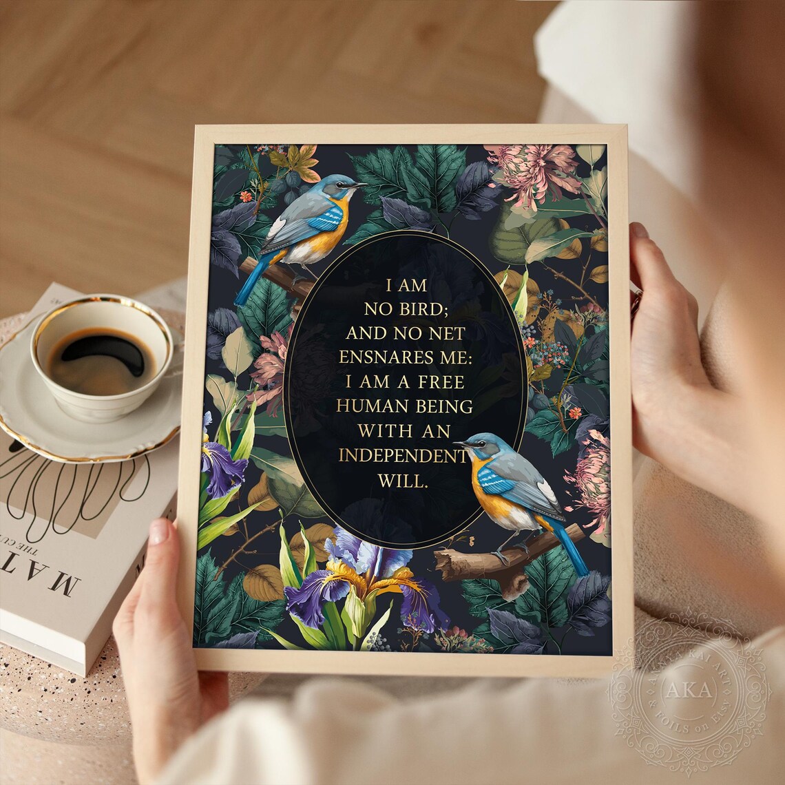 I Am No Bird Jane Eyre Quote Dark Botanical Birds Gold Wall Art - Image 5