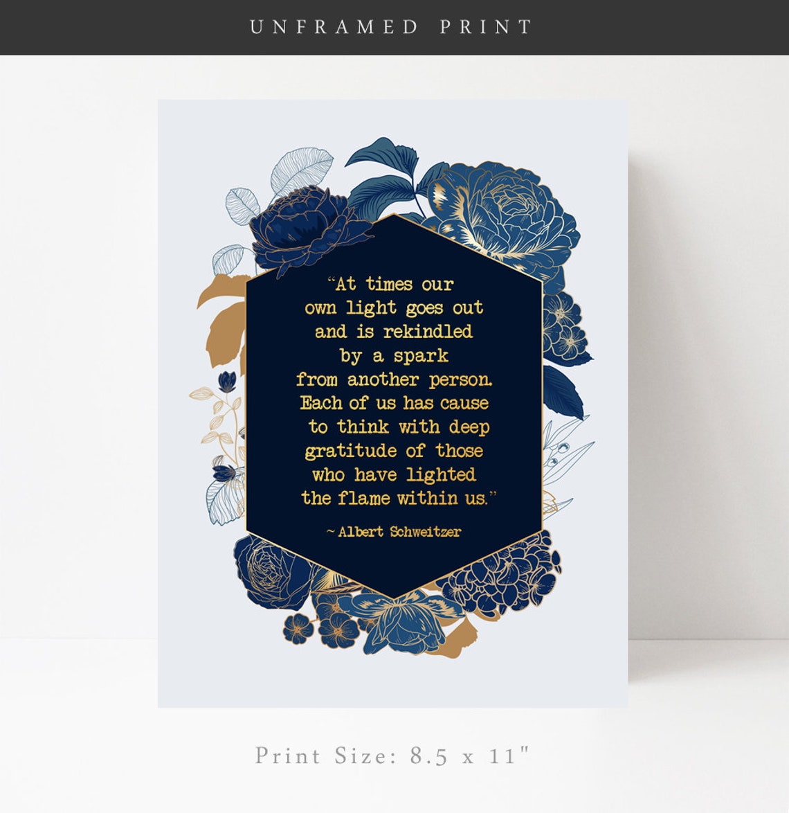 Albert Schweitzer Gratitude Quote Navy Floral Gold Thank You Art Print - Image 2