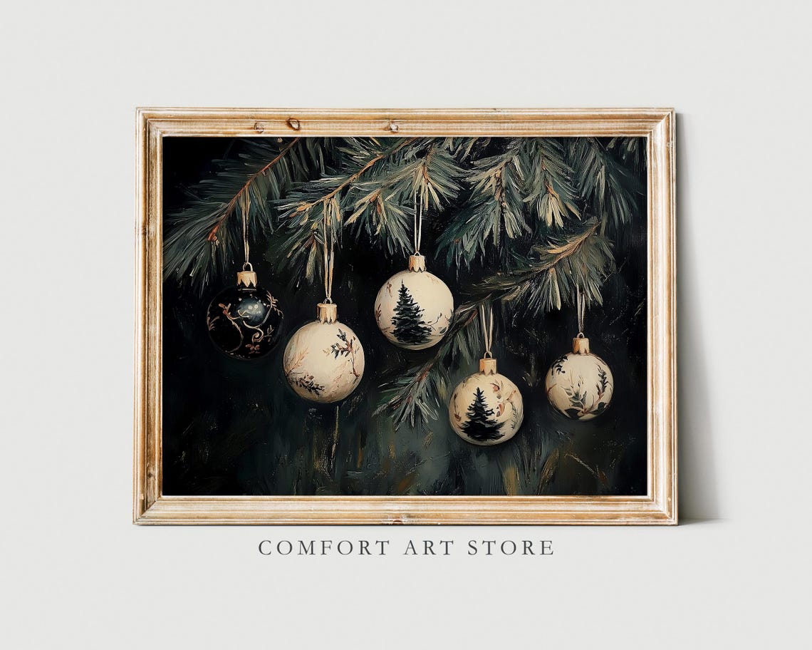 Hand Painted White Christmas Ornaments on Dark Pine Branch Poster