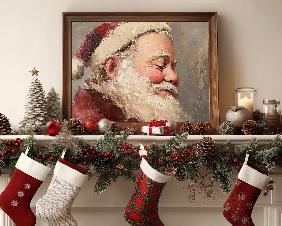 Antique Vintage Santa Claus Portrait Print Smiling Santa Claus Close Up Portrait Wall Art Christmas Scene Painting Neutral Print - Image 7