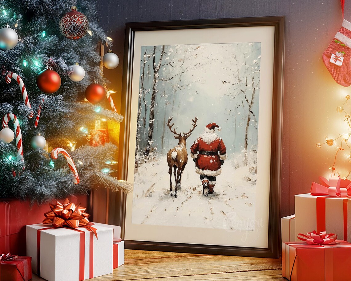 Antique Vintage Christmas Santa Claus Print Santa Claus Reindeer Wall Art Christmas Scene Neutral Print Holiday Winter Landscape - Image 6
