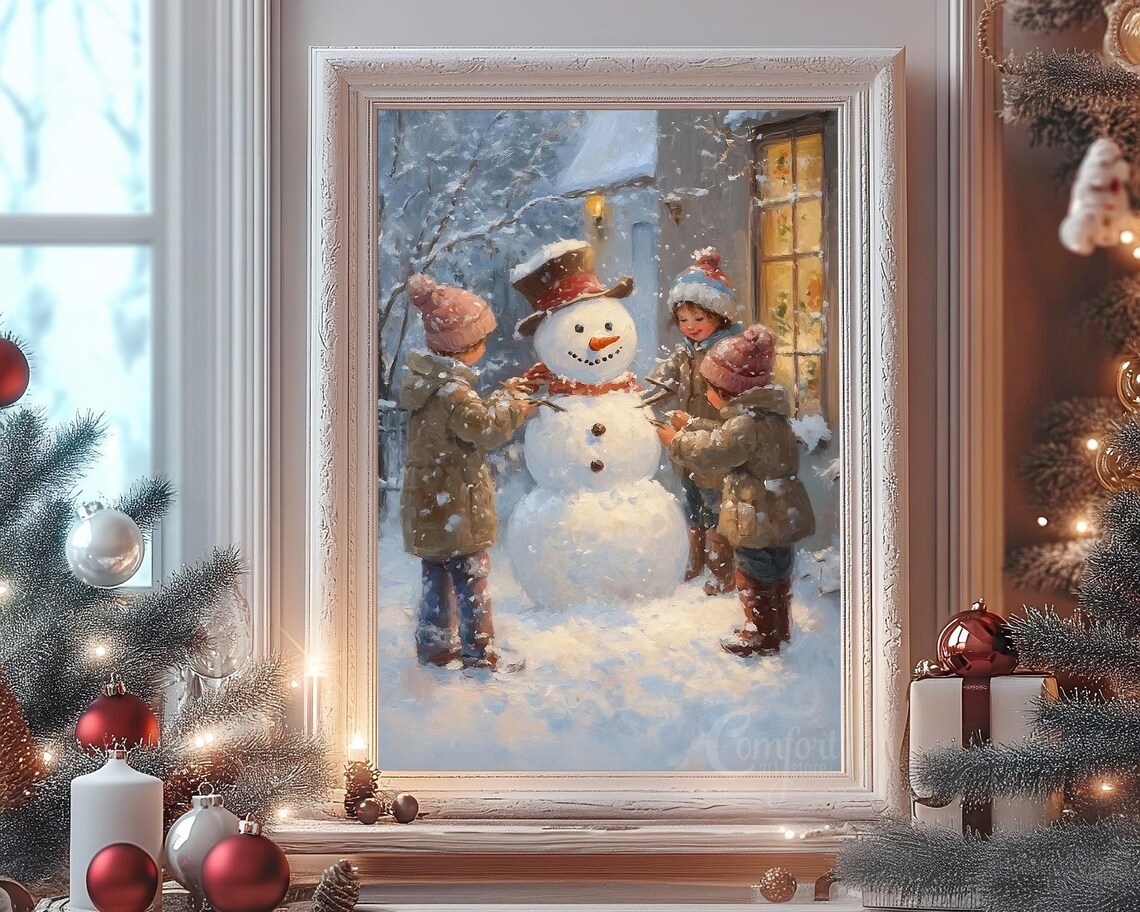 Children Building Snowman Outside Cozy Winter House Art Poster - Image 8