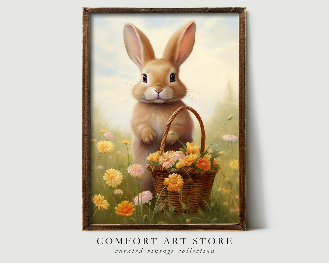 Cute Easter Bunny Spring Print Floral Easter Basket Easter Rabbit Easter Vintage Decor Wildflower Easter Farmhouse Wall Art - Image 7