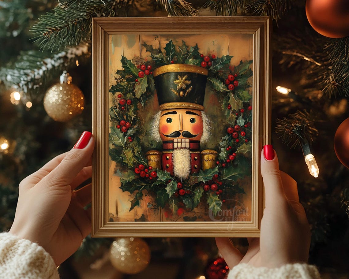 Nutcracker Portrait Surrounded by Holly and Red Berries Wall Art - Image 6