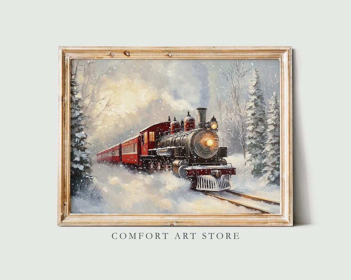 Vintage Red Steam Train Crossing Snow Covered Woods Wall Art