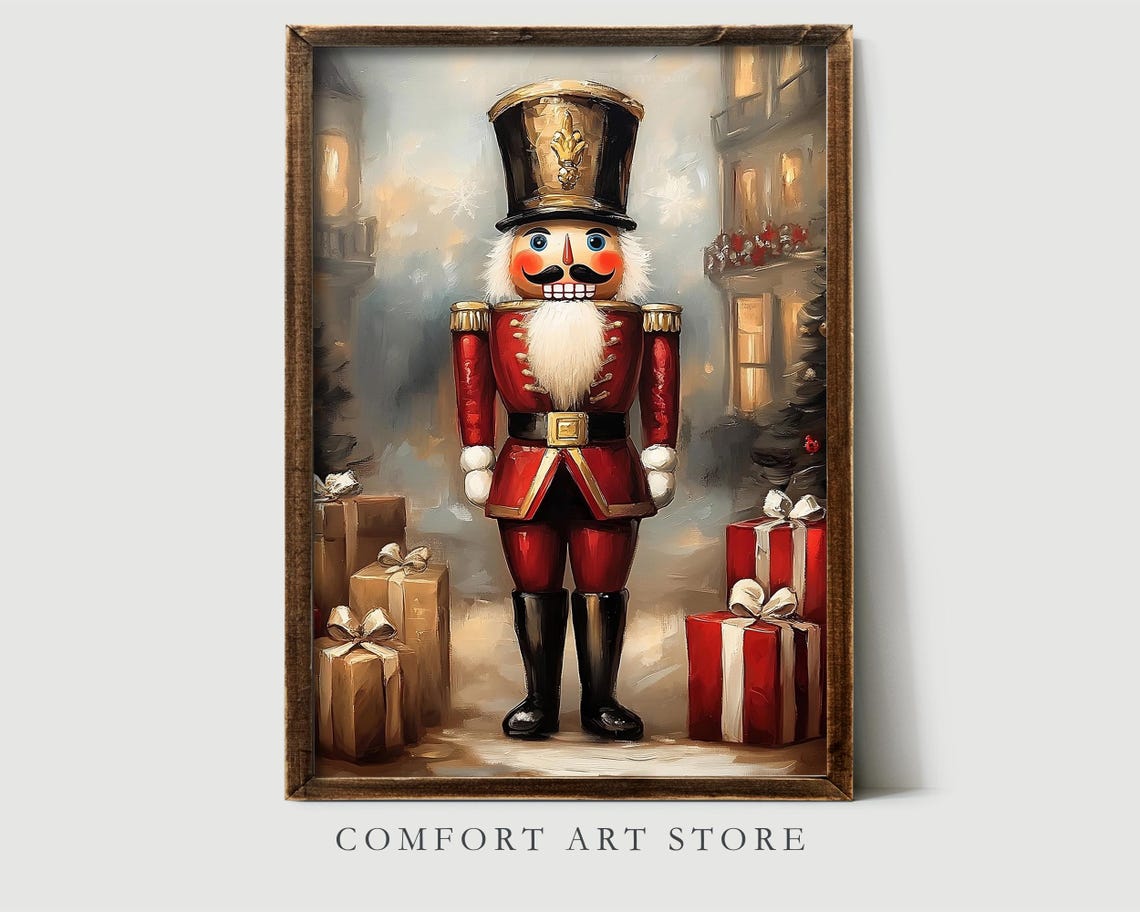 Nutcracker Soldier in Red Coat Among Christmas Gifts Wall Art - Image 2